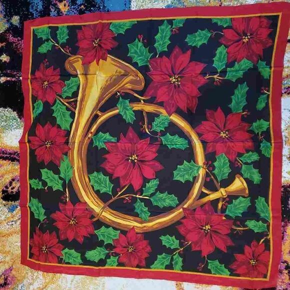Vintage Silk Poinsettia Horn Holiday Scarf - Picture 4 of 8